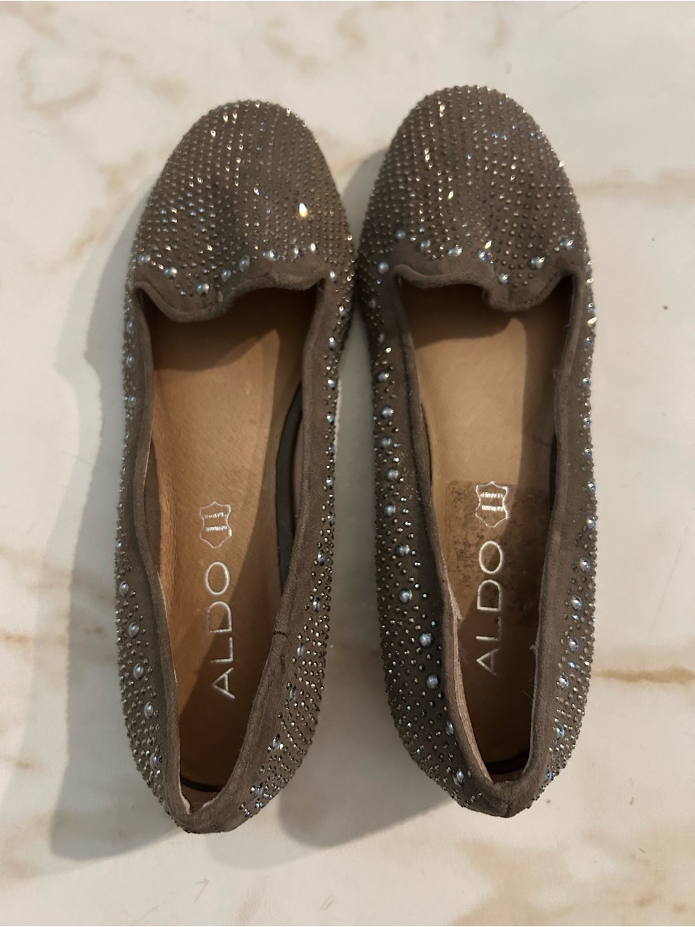 ALDO Taupe Crystal & Pearl Embellished Loafers